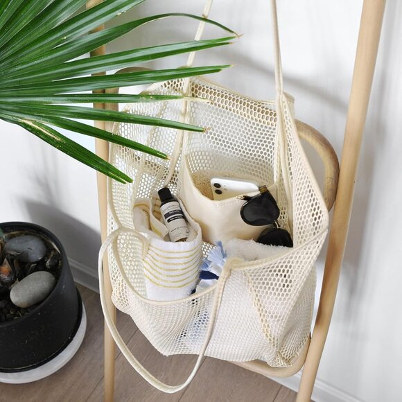 Women's Cream-beige Mesh Beach Nylon&Polyester No-closure Tote Shoulder Handbag - Picture 3 of 6